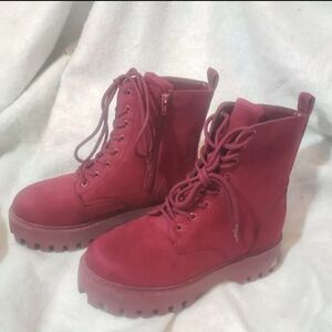 Rouge Broadway Helium Boots Burgundy Combat Zip Lace Ankle Lift 10 Faux Suede